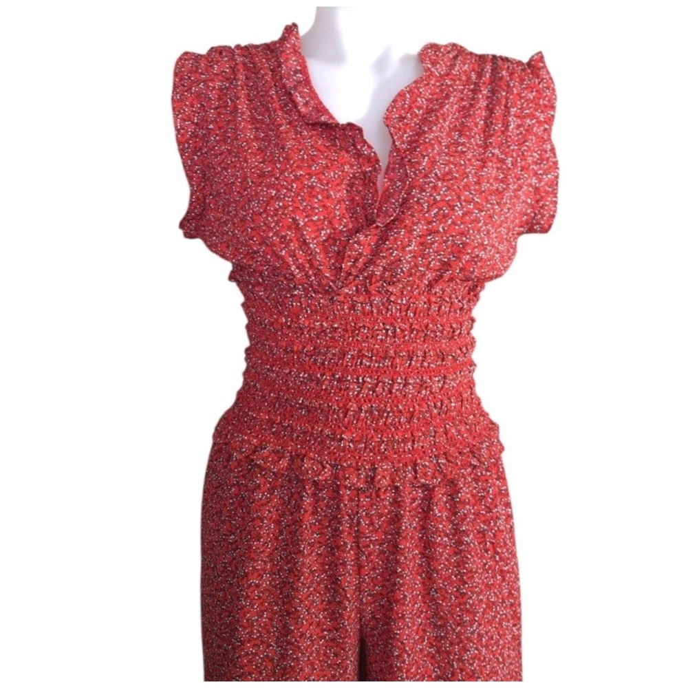 Max Studio Women's Jumpsuit Red Size‎ XS Pullover V-Neck Floral Ruffle Wide Leg